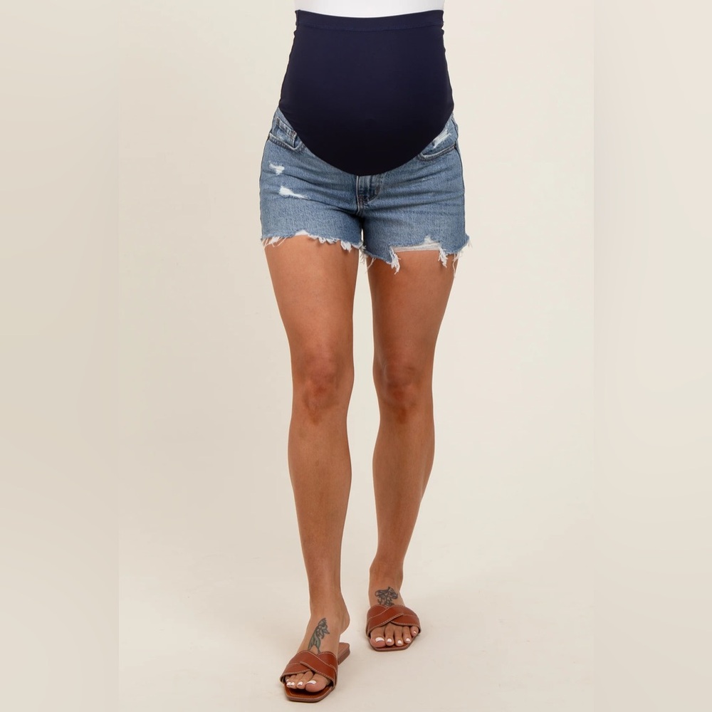 MATERNITY PinkBlush Light Blue Distressed Jean Shorts